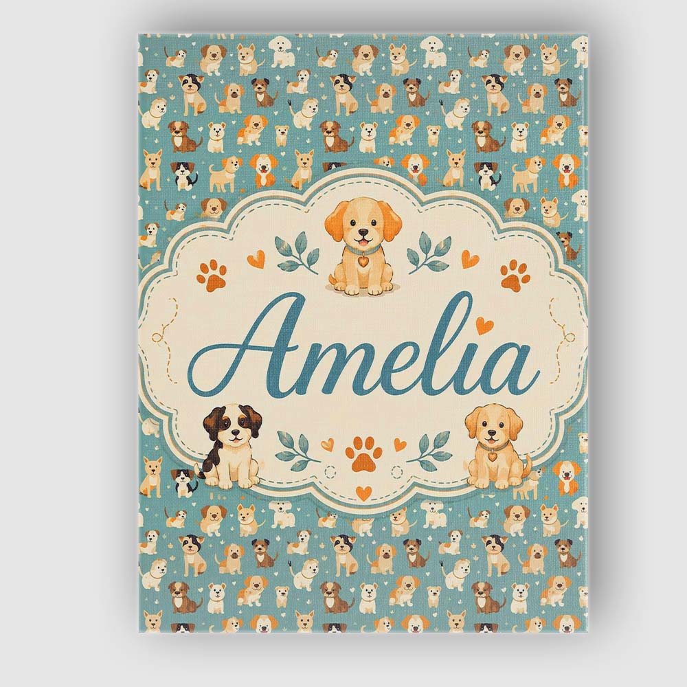Personalised Name Cute Cartoon Puppy Dogs Custom Unique Gift Idea Elegant Feature Canvas Wall Art Print Decor Picture Ready to Hang