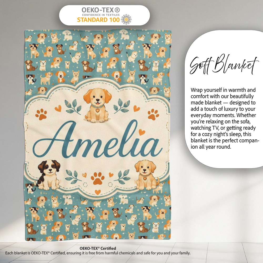 Cute Cartoon Puppy Dogs with Hearts Teal Background Seamless Personalised Custom Name Super Soft Fleece Blanket Bed Sofa Throw