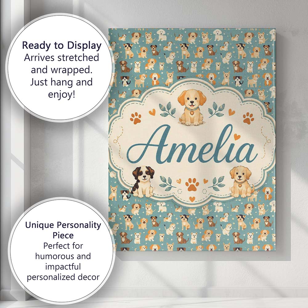 Personalised Name Cute Cartoon Puppy Dogs Custom Unique Gift Idea Elegant Feature Canvas Wall Art Print Decor Picture Ready to Hang