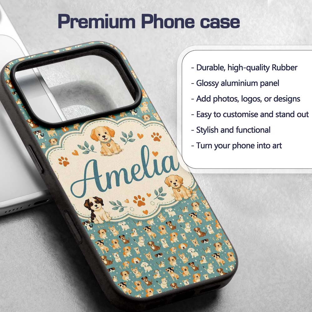 Cute Cartoon Puppy Dogs with Decorative Design Custom Name Protective Phone Case Mobile Cover Durable Everyday Smartphone Shock Resistant