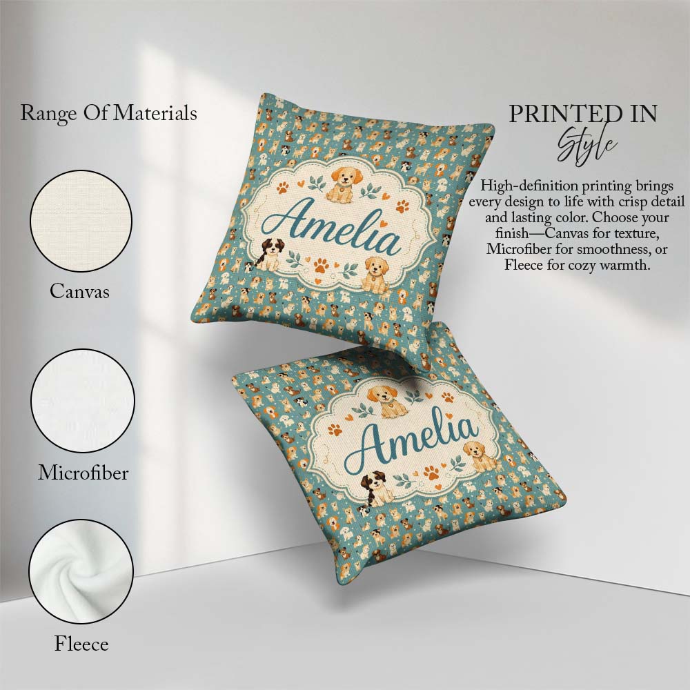 Custom Name Cute Puppy Dogs with Hearts Teal Background Seamless Square Filled Cushion Throw Pillow Sofa Bed Home Decor Zip Washable UK Made