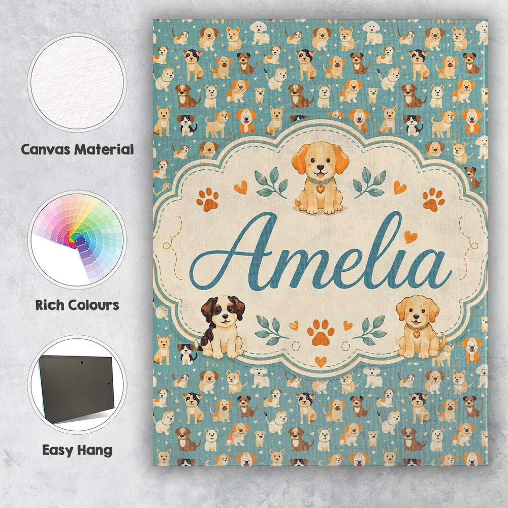 Personalised Name Cute Cartoon Puppy Dogs Custom Unique Gift Idea Elegant Feature Canvas Wall Art Print Decor Picture Ready to Hang