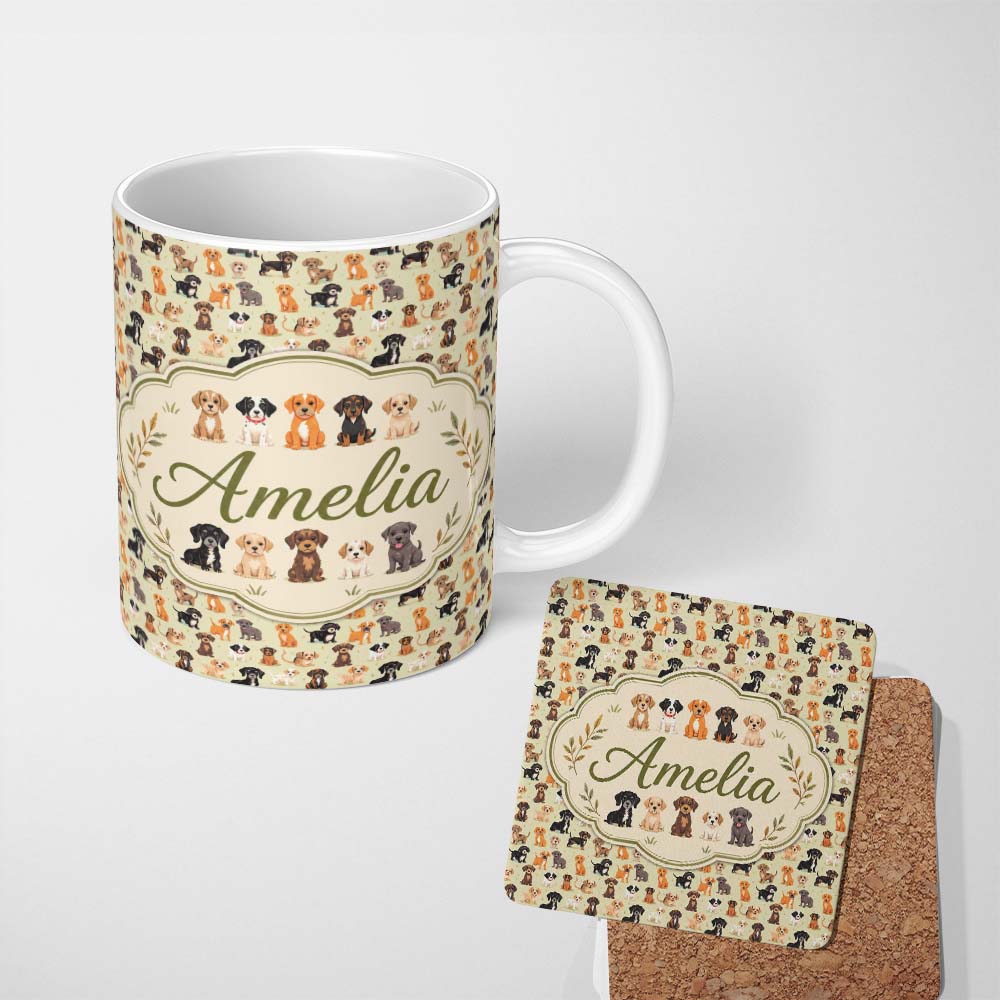 Personalized Custom Name Cute Mixed Breed Puppy Dogs on Beige Background Seamless Pattern 11oz Ceramic Coffee Tea Mug White Large Handle