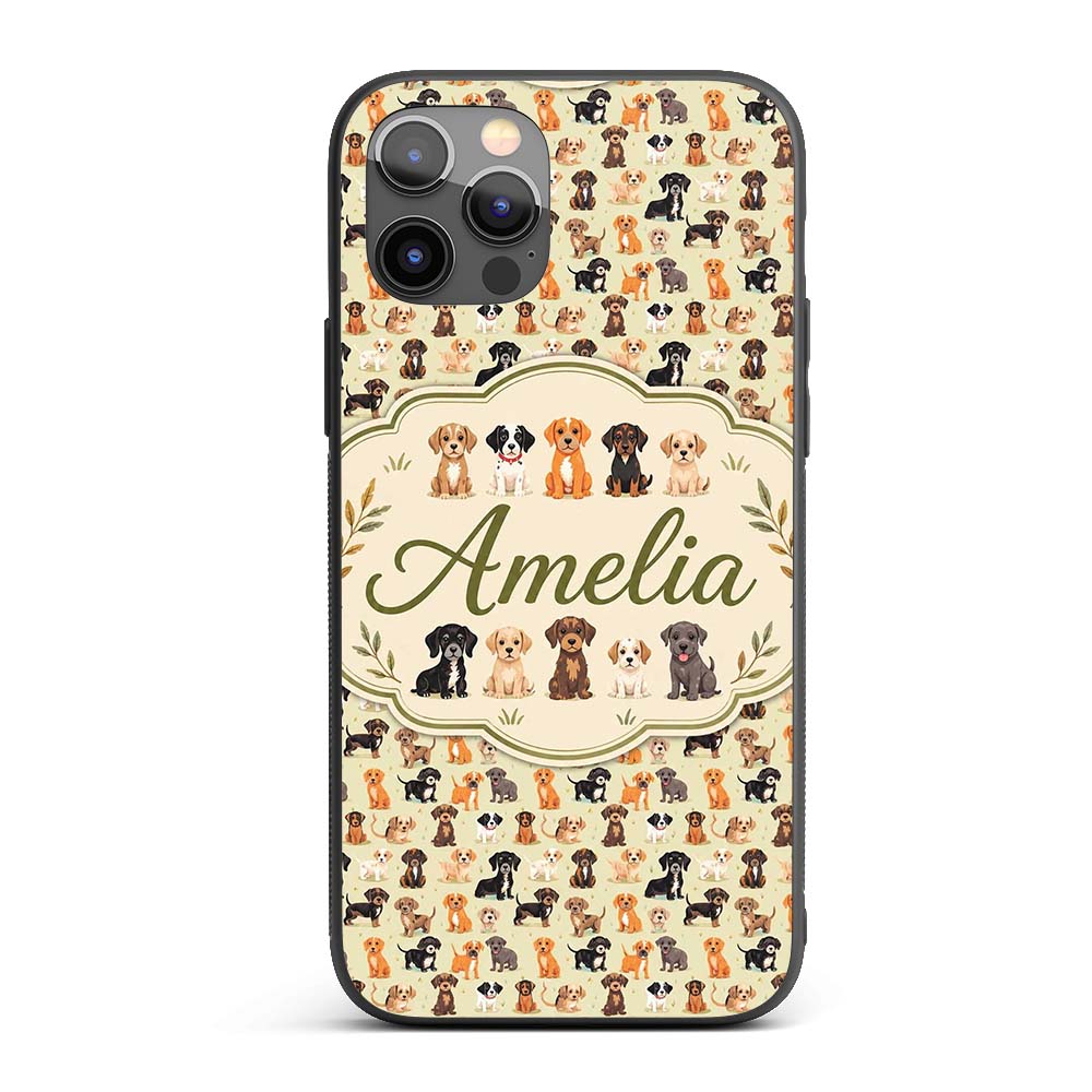 Cute Mixed Breed Puppy Dogs on Beige Background Custom Name Protective Phone Case Mobile Cover Durable Everyday Smartphone Shock Resistant