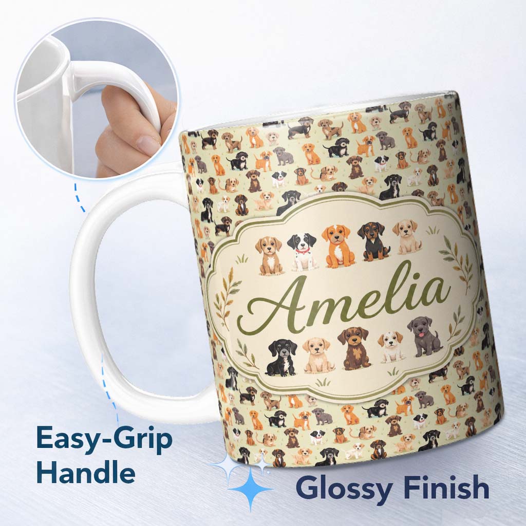 Personalized Custom Name Cute Mixed Breed Puppy Dogs on Beige Background Seamless Pattern 11oz Ceramic Coffee Tea Mug White Large Handle