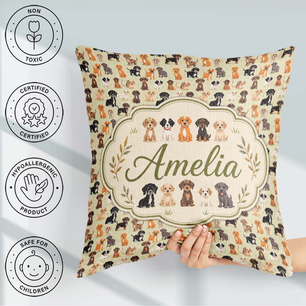Custom Name Mixed Breed Puppy Dogs on Beige Background Seamless Square Filled Cushion Throw Pillow Sofa Bed Home Decor Zip Washable UK Made