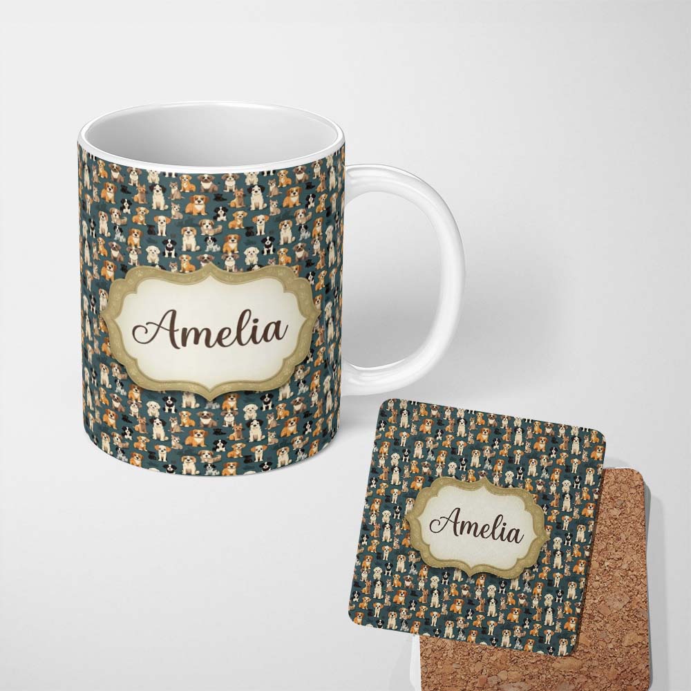 Personalized Custom Name Adorable Cartoon Dogs Sitting on Dark Teal Seamless Pattern Name 11oz Ceramic Coffee Tea Mug White Large Handle