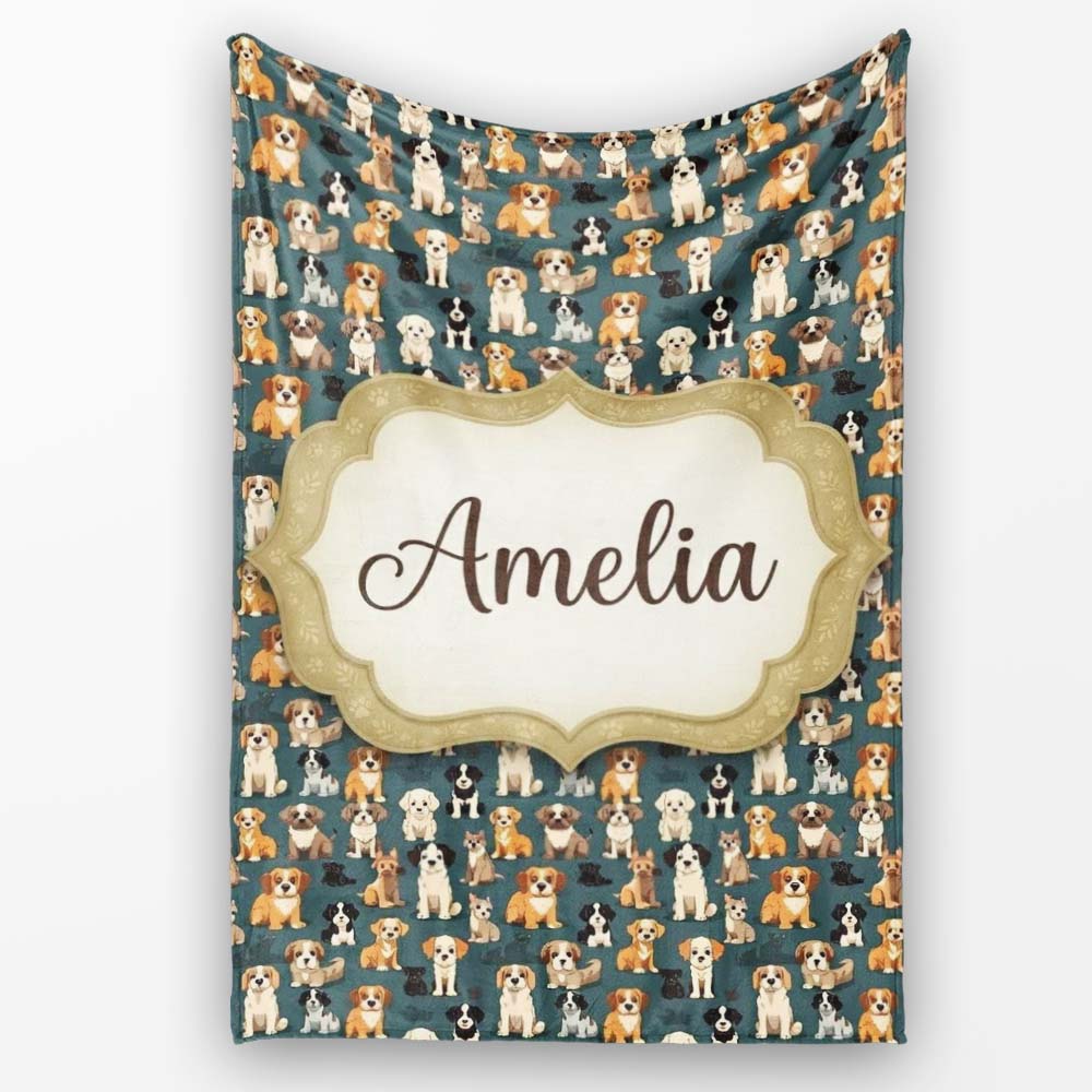 Adorable Cartoon Dogs Sitting on Dark Teal Seamless Pattern Name Personalised Custom Name Super Soft Fleece Blanket Bed Sofa Throw