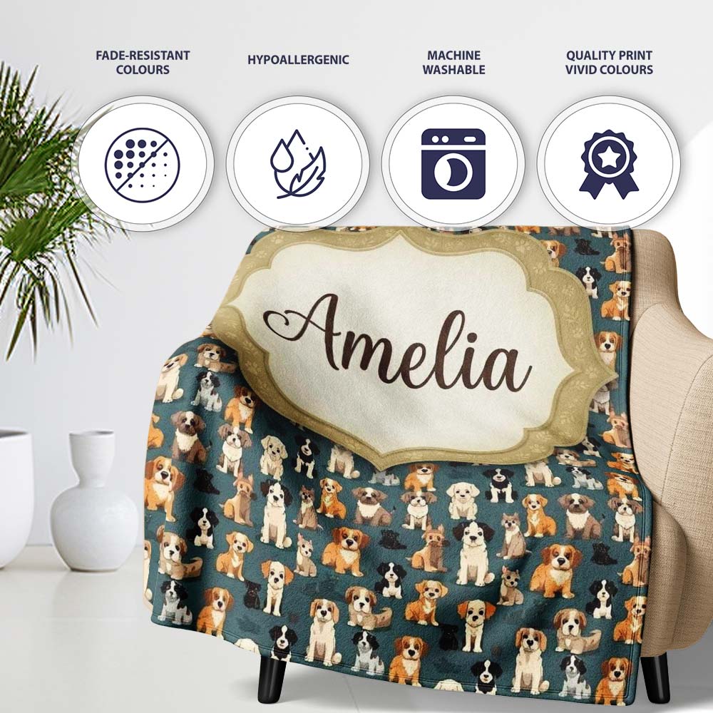 Adorable Cartoon Dogs Sitting on Dark Teal Seamless Pattern Name Personalised Custom Name Super Soft Fleece Blanket Bed Sofa Throw