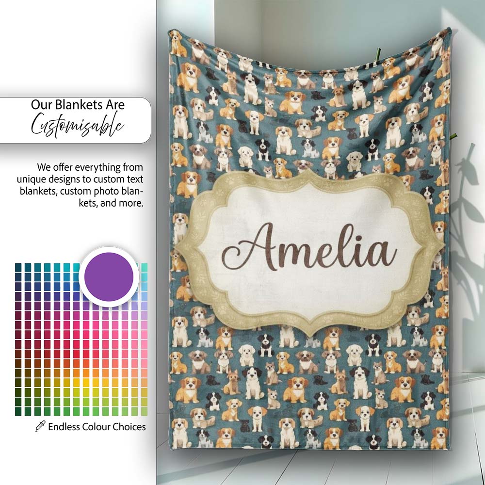 Adorable Cartoon Dogs Sitting on Dark Teal Seamless Pattern Name Personalised Custom Name Super Soft Fleece Blanket Bed Sofa Throw