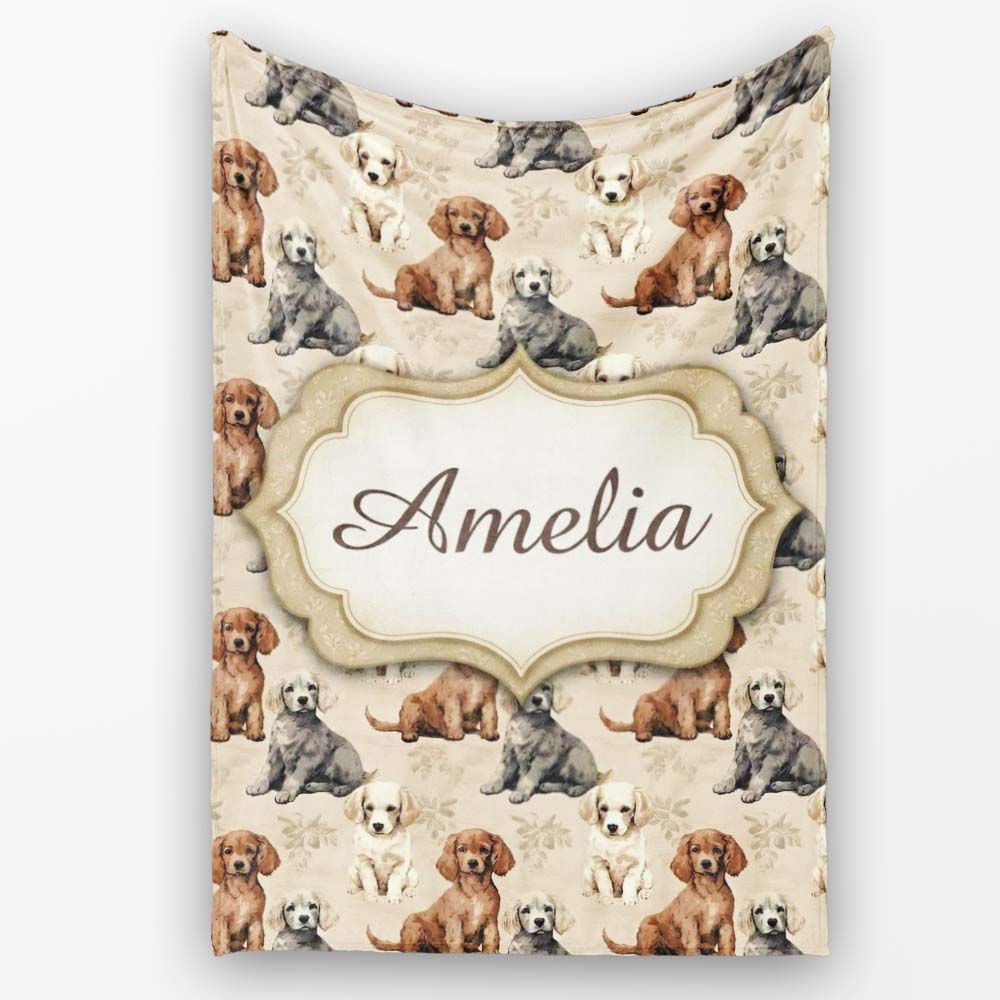 Cute Realistic Puppy Dogs on Neutral Floral Background Seamless Personalised Custom Name Super Soft Fleece Blanket Bed Sofa Throw