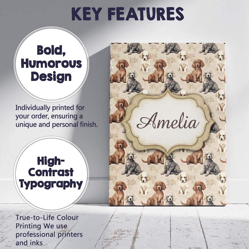 Personalised Name Cute Realistic Puppy Dogs Custom Bespoke Interior Contemporary Canvas Wall Art Print Decor Picture Ready to Hang