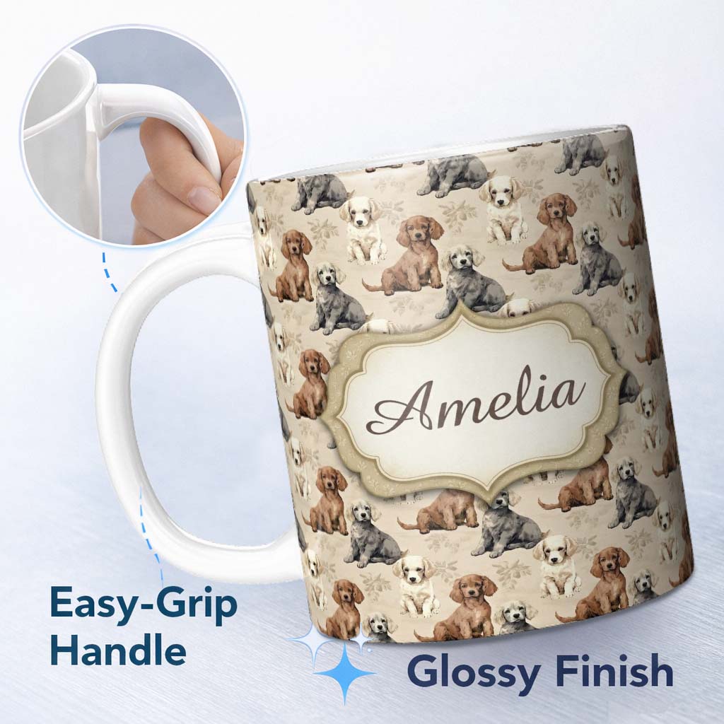 Personalized Custom Name Cute Realistic Puppy Dogs on Neutral Floral Background Seamless 11oz Ceramic Coffee Tea Mug White Large Handle