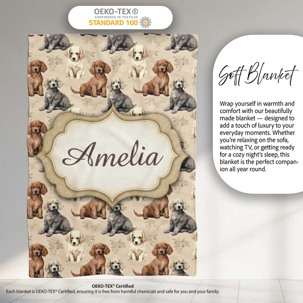 Cute Realistic Puppy Dogs on Neutral Floral Background Seamless Personalised Custom Name Super Soft Fleece Blanket Bed Sofa Throw