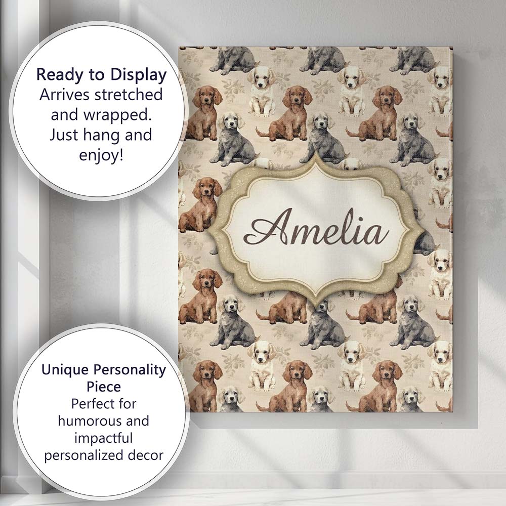 Personalised Name Cute Realistic Puppy Dogs Custom Bespoke Interior Contemporary Canvas Wall Art Print Decor Picture Ready to Hang