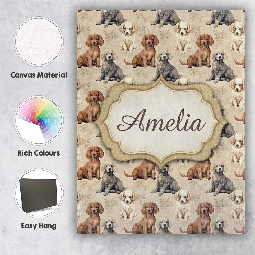 Personalised Name Cute Realistic Puppy Dogs Custom Bespoke Interior Contemporary Canvas Wall Art Print Decor Picture Ready to Hang