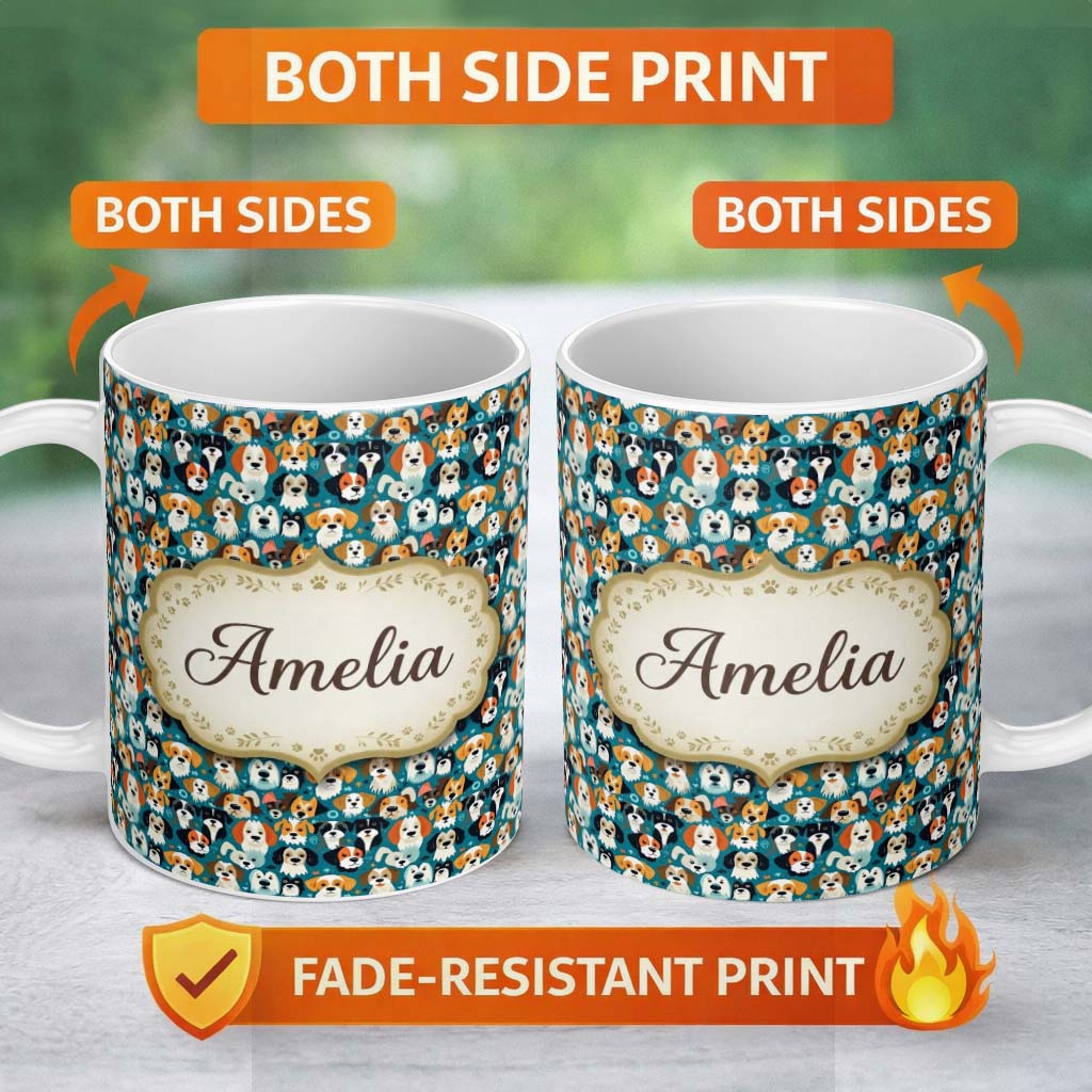 Personalized Custom Name Colorful Dog Faces Pattern on Blue Background Seamless Name Cute 11oz Ceramic Coffee Tea Mug White Large Handle
