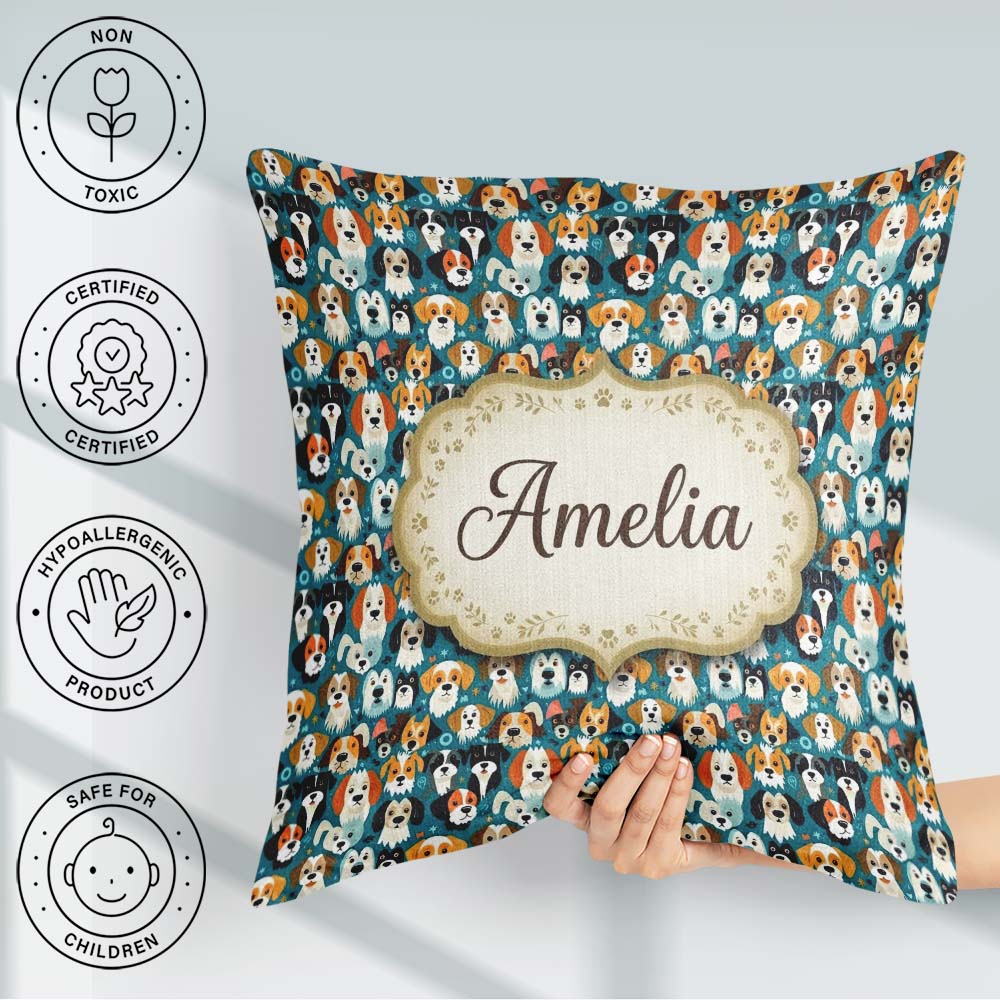 Custom Name Colorful Dog Faces on Blue Background Seamless Name Square Filled Cushion Throw Pillow Sofa Bed Home Decor Zip Washable UK Made