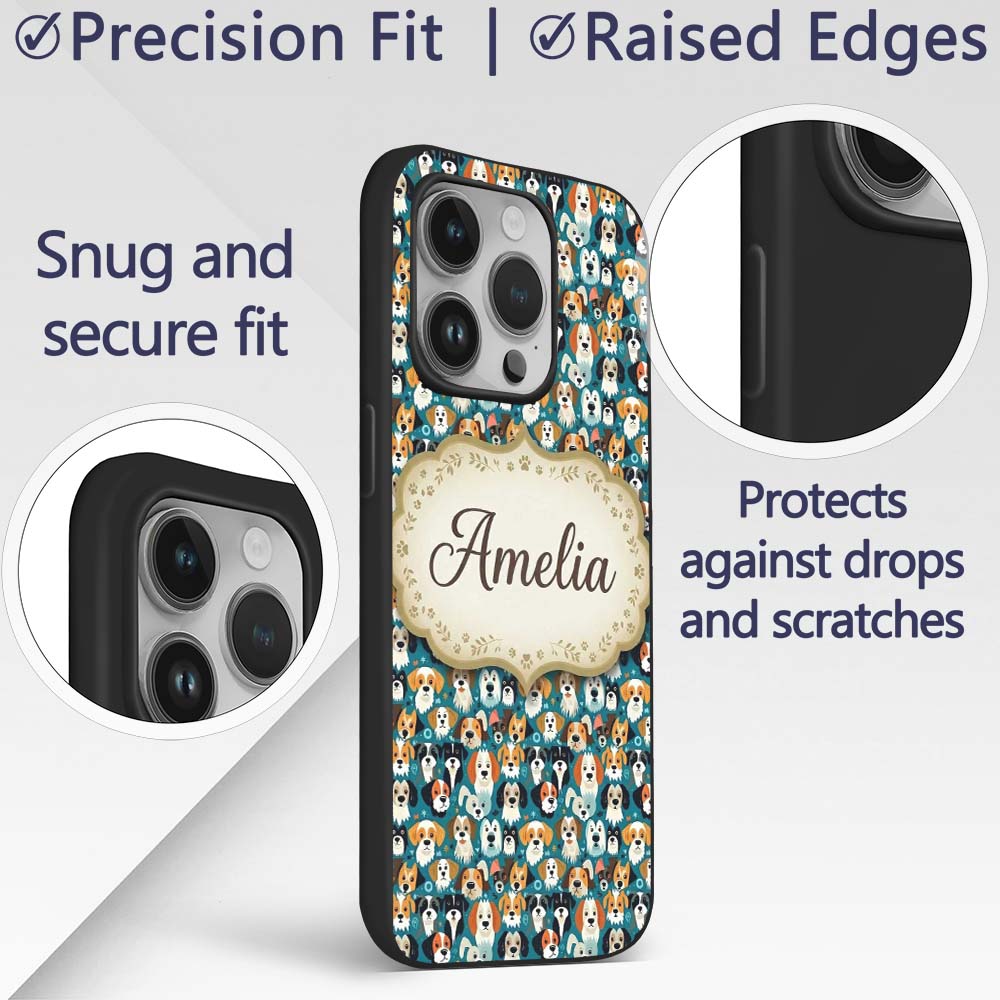 Colorful Dog Faces Pattern on Blue Background Custom Name Protective Phone Case Mobile Cover Durable Everyday Smartphone Shock Resistant