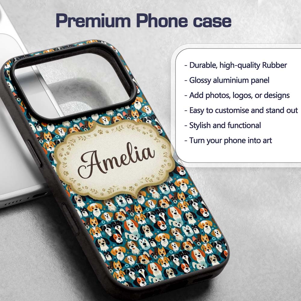Colorful Dog Faces Pattern on Blue Background Custom Name Protective Phone Case Mobile Cover Durable Everyday Smartphone Shock Resistant