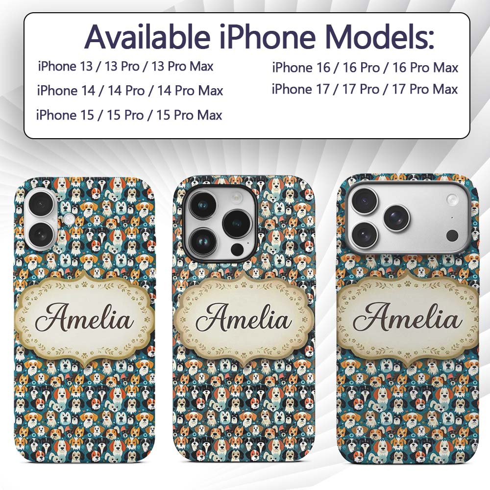 Colorful Dog Faces Pattern on Blue Background Custom Name Protective Phone Case Mobile Cover Durable Everyday Smartphone Shock Resistant