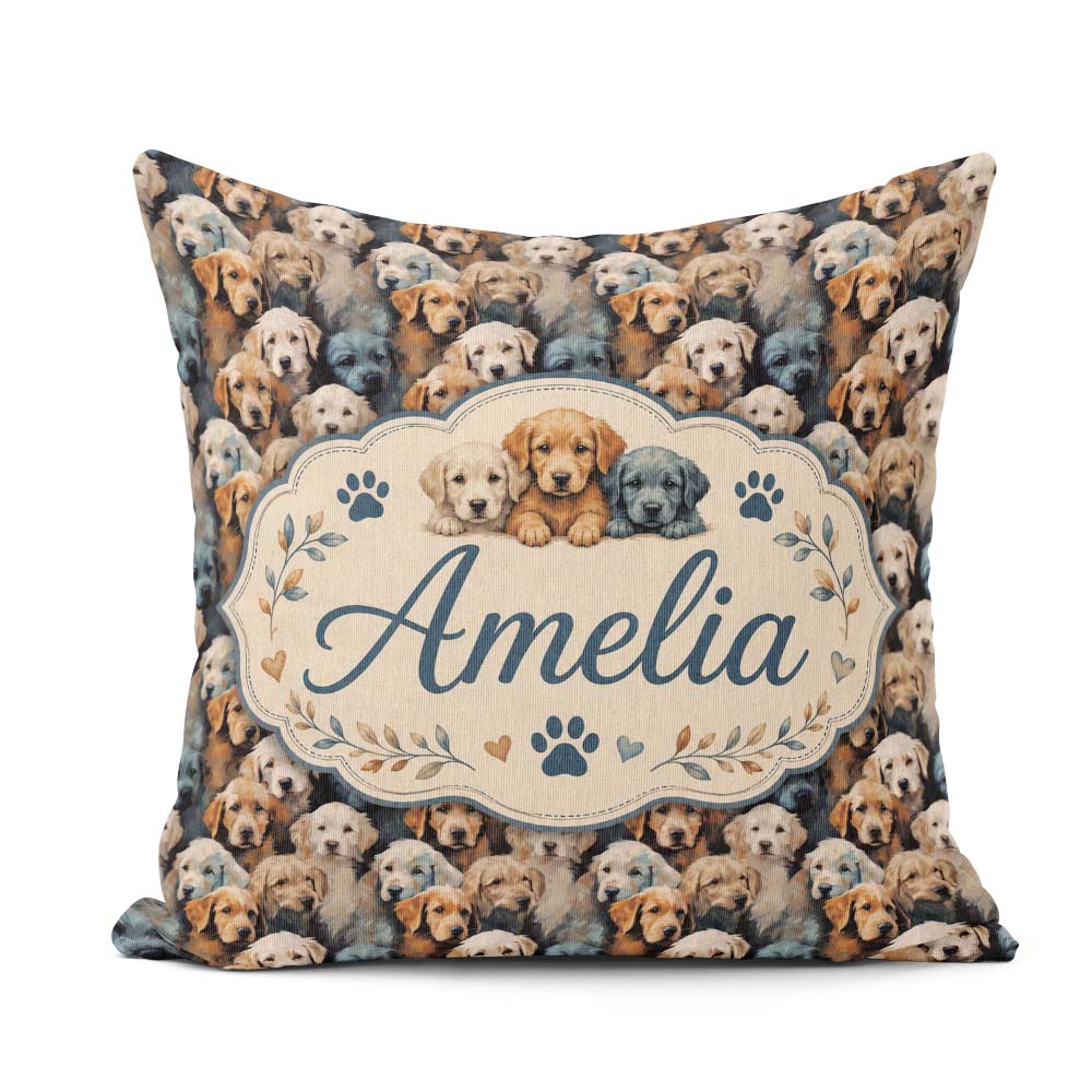 Custom Name Realistic Golden Retriever Puppies Close Up Seamless Square Filled Cushion Throw Pillow Sofa Bed Home Decor Zip Washable UK Made