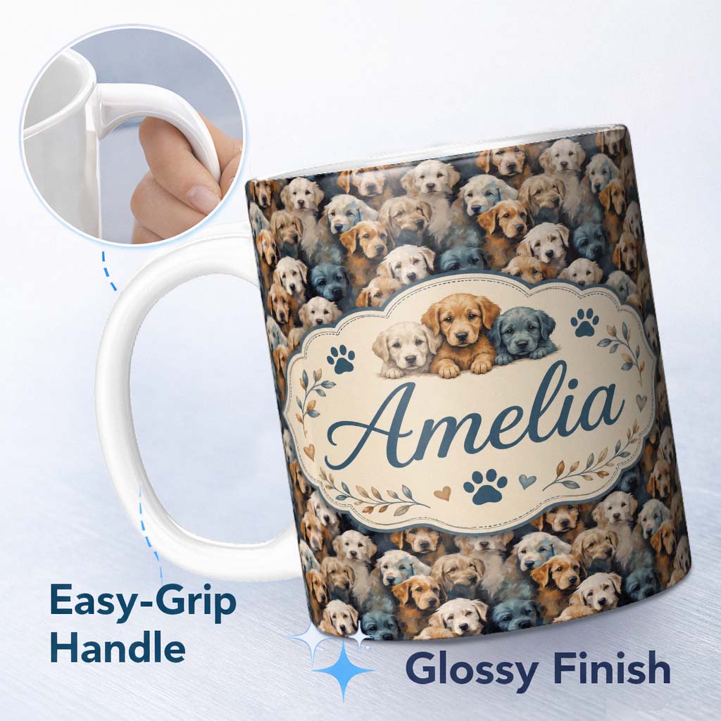 Personalized Custom Name Realistic Golden Retriever Puppies Close Up Seamless Pattern Name 11oz Ceramic Coffee Tea Mug White Large Handle