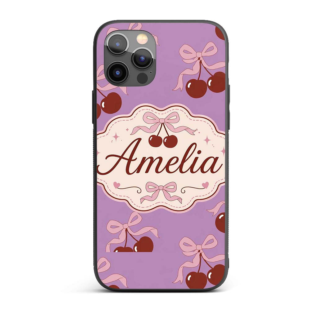 Cherry Bow Ribbon Cute Lavender Pastel Background Custom Name Protective Phone Case Mobile Cover Durable Everyday Smartphone Shock Resistant