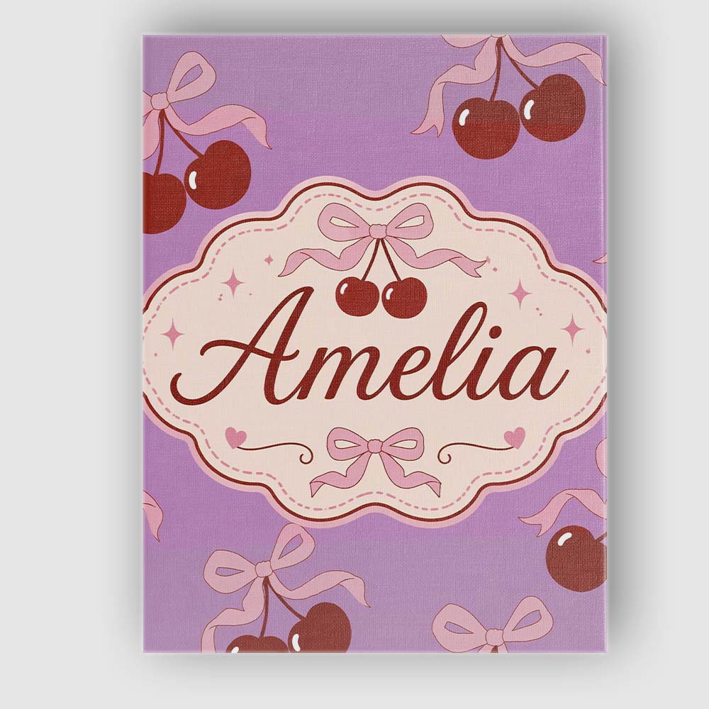 Personalised Name Cherry Bow Ribbon Cute Lavender Pastel Background Custom Canvas Wall Art Print Decor Picture Ready to Hang