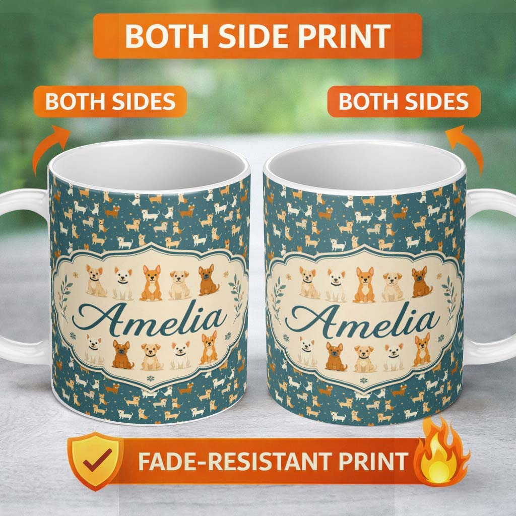 Personalized Custom Name Cute Minimal Dog Characters on Teal Background Seamless Pattern Name 11oz Ceramic Coffee Tea Mug White Large Handle
