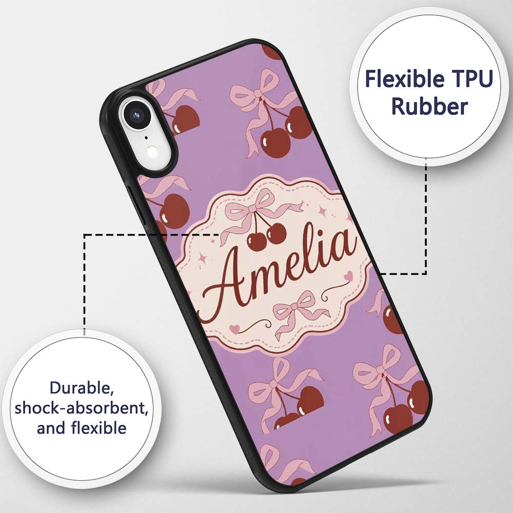 Cherry Bow Ribbon Cute Lavender Pastel Background Custom Name Protective Phone Case Mobile Cover Durable Everyday Smartphone Shock Resistant