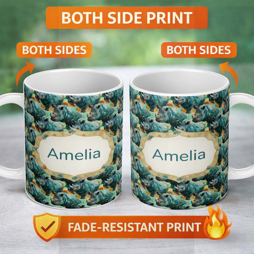 Personalized Custom Name Geometric Rhino Animals Abstract Style Seamless Pattern Name Cute 11oz Ceramic Coffee Tea Mug White Large Handle