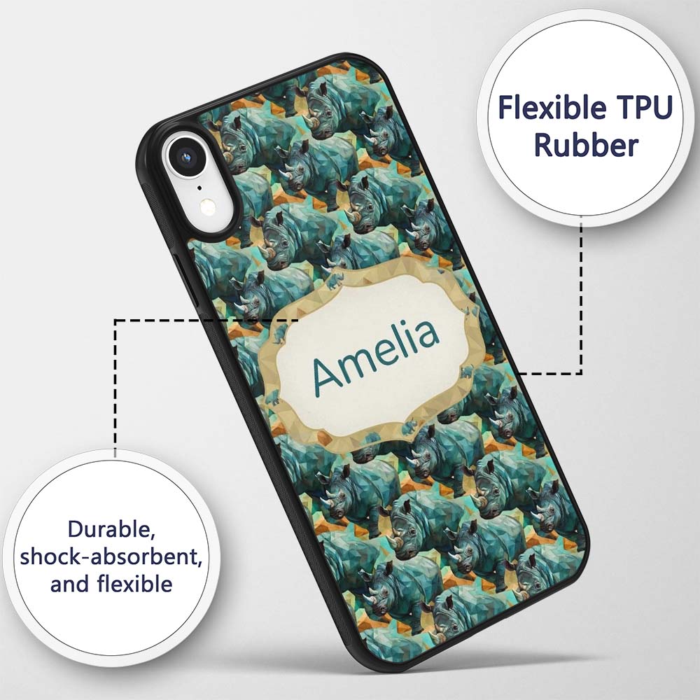 Geometric Rhino Animals Abstract Style Seamless Custom Name Protective Phone Case Mobile Cover Durable Everyday Smartphone Shock Resistant