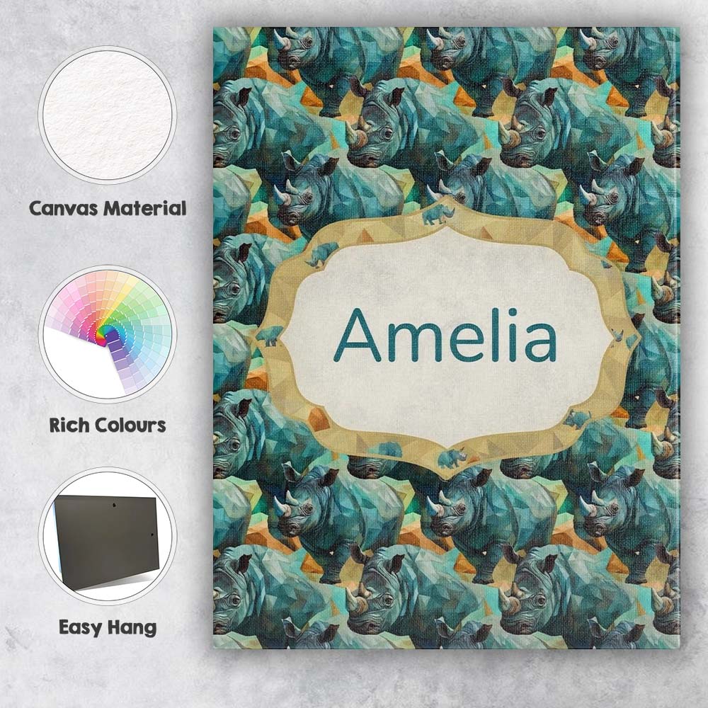 Personalised Name Geometric Rhino Animals Custom Unique Gift Idea Elegant Feature Canvas Wall Art Print Decor Picture Ready to Hang