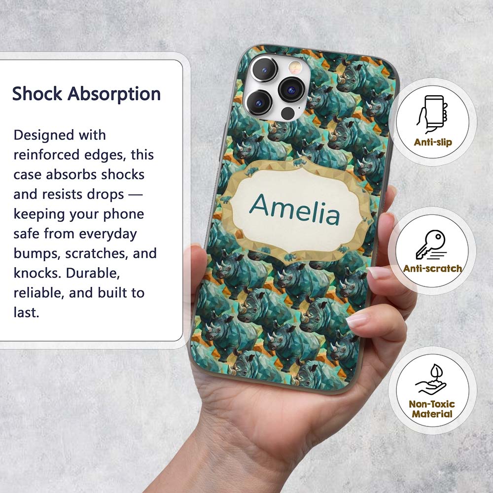 Geometric Rhino Animals Abstract Style Seamless Custom Name Protective Phone Case Mobile Cover Durable Everyday Smartphone Shock Resistant
