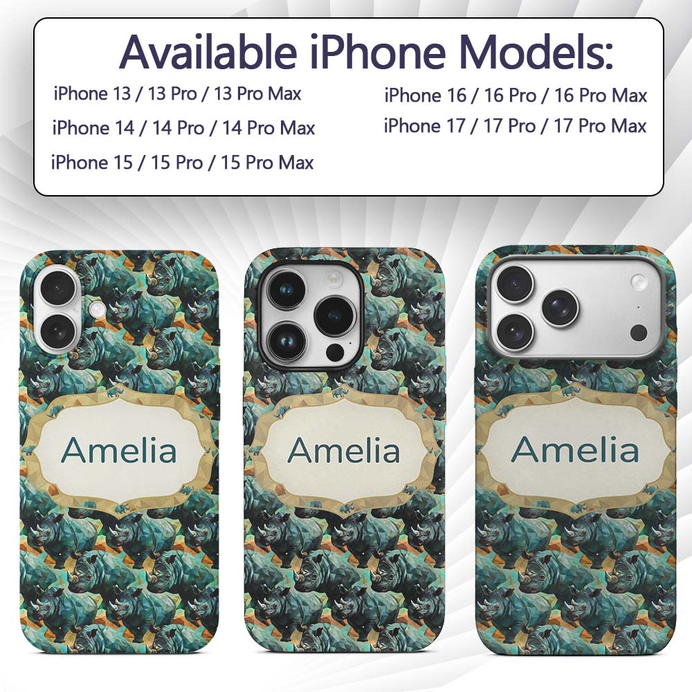 Geometric Rhino Animals Abstract Style Seamless Custom Name Protective Phone Case Mobile Cover Durable Everyday Smartphone Shock Resistant