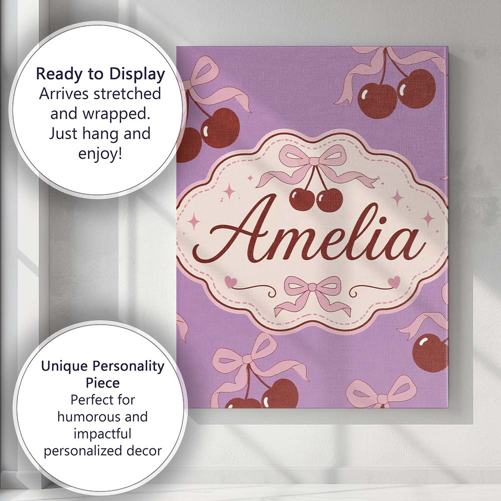 Personalised Name Cherry Bow Ribbon Cute Lavender Pastel Background Custom Canvas Wall Art Print Decor Picture Ready to Hang