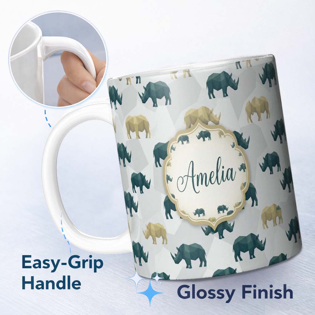 Personalized Custom Name Stylized Rhino Silhouettes in Soft Neutral Tones Seamless Pattern 11oz Ceramic Coffee Tea Mug White Large Handle