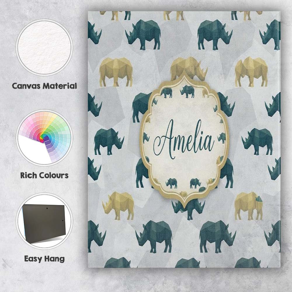 Personalised Name Stylized Rhino Silhouettes Custom Bespoke Contemporary Display Canvas Wall Art Print Decor Picture Ready to Hang