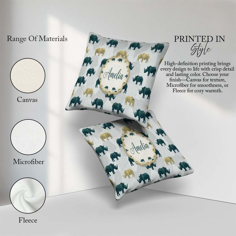 Custom Name Stylized Rhino Silhouettes in Neutral Tones Seamless Square Filled Cushion Throw Pillow Sofa Bed Home Decor Zip Washable UK Made