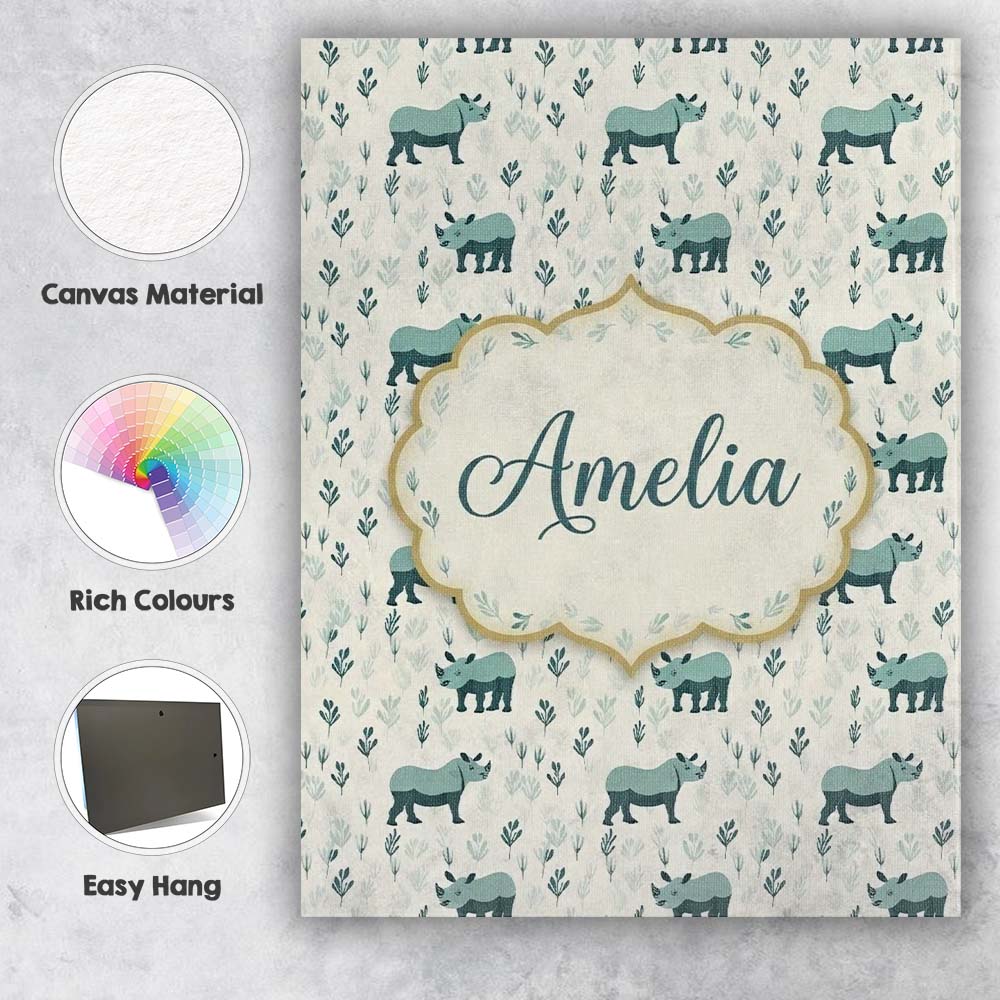 Personalised Name Cute Rhino with Minimal Custom Unique Gift Idea Elegant Feature Canvas Wall Art Print Decor Picture Ready to Hang