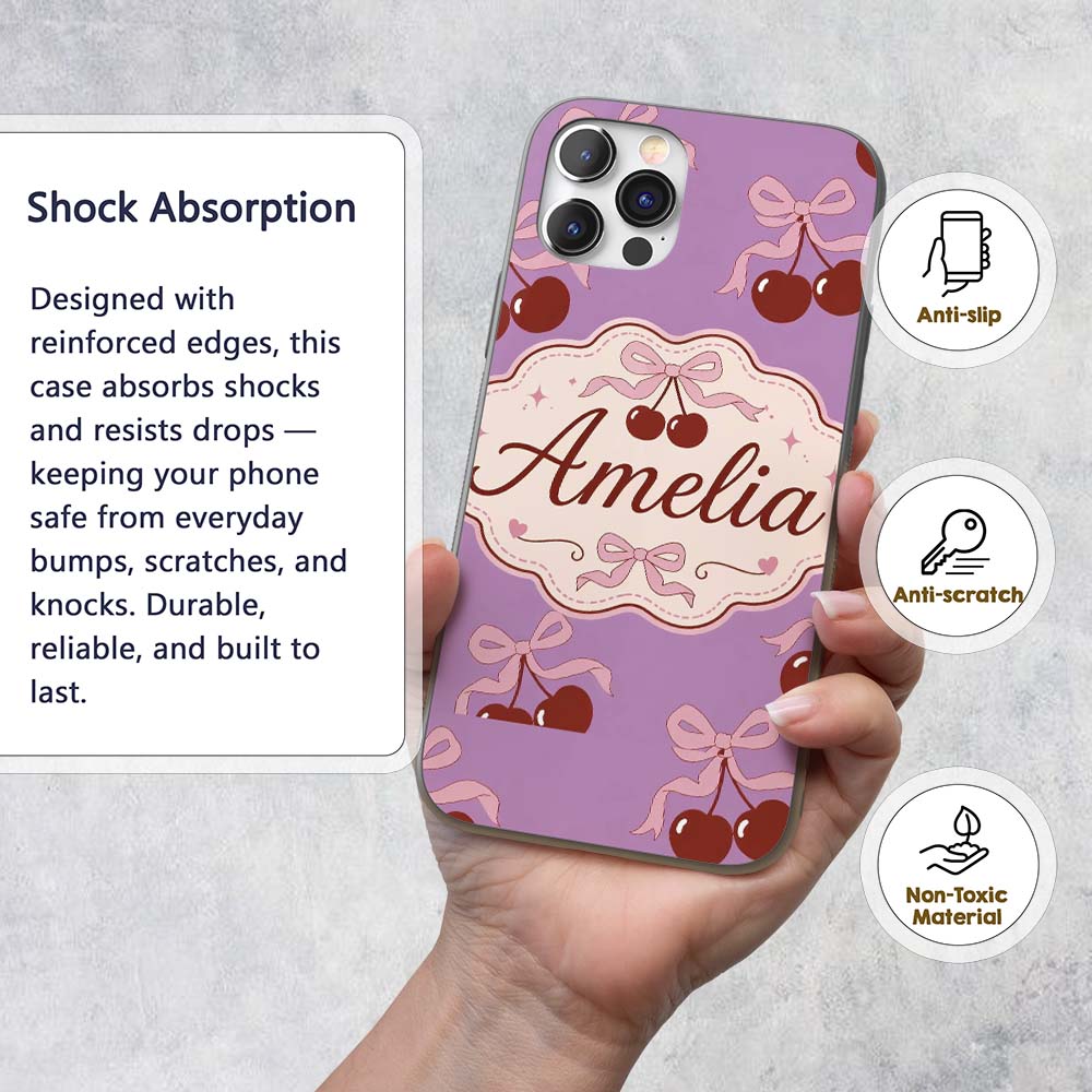 Cherry Bow Ribbon Cute Lavender Pastel Background Custom Name Protective Phone Case Mobile Cover Durable Everyday Smartphone Shock Resistant