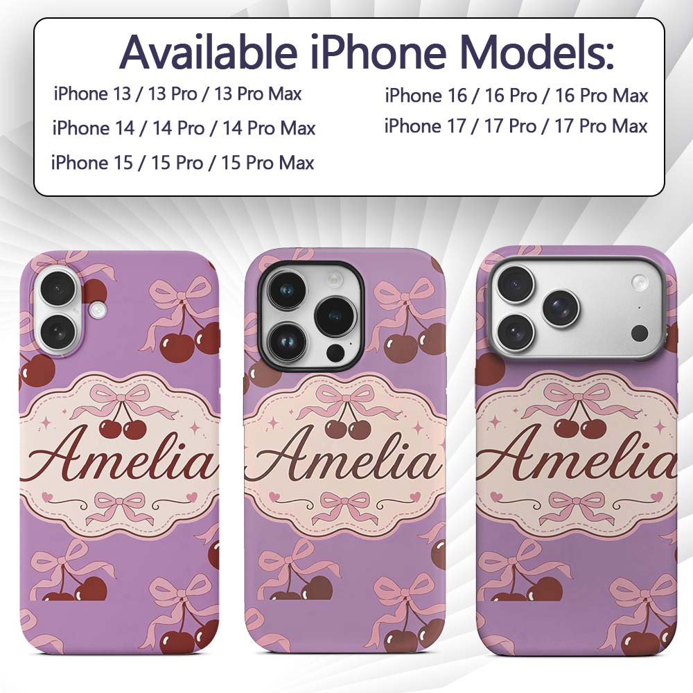 Cherry Bow Ribbon Cute Lavender Pastel Background Custom Name Protective Phone Case Mobile Cover Durable Everyday Smartphone Shock Resistant