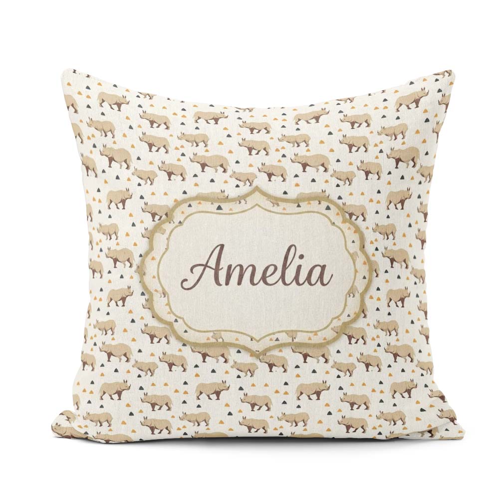 Custom Name Simple Beige Rhino Geometric Shapes Seamless Pattern Square Filled Cushion Throw Pillow Sofa Bed Home Decor Zip Washable UK Made