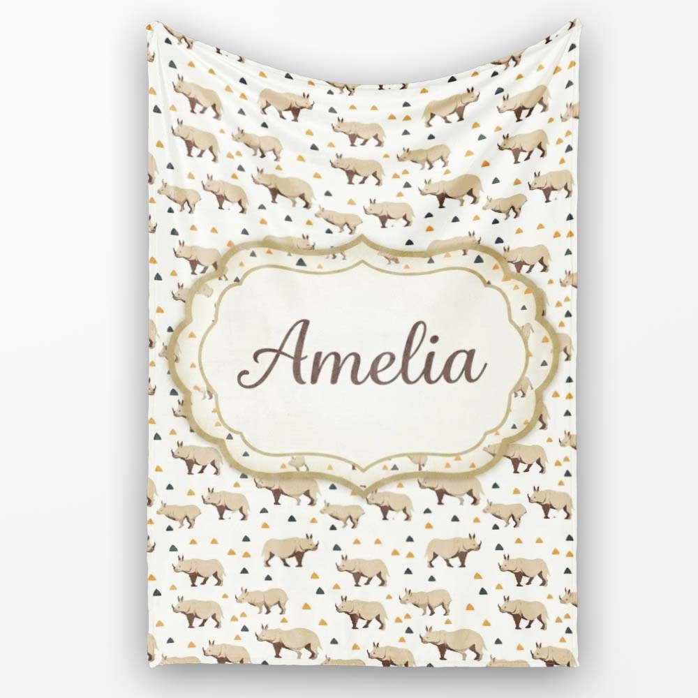 Simple Beige Rhino with Geometric Shapes Seamless Pattern Custom Personalised Custom Name Super Soft Fleece Blanket Bed Sofa Throw