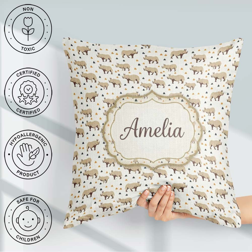 Custom Name Simple Beige Rhino Geometric Shapes Seamless Pattern Square Filled Cushion Throw Pillow Sofa Bed Home Decor Zip Washable UK Made