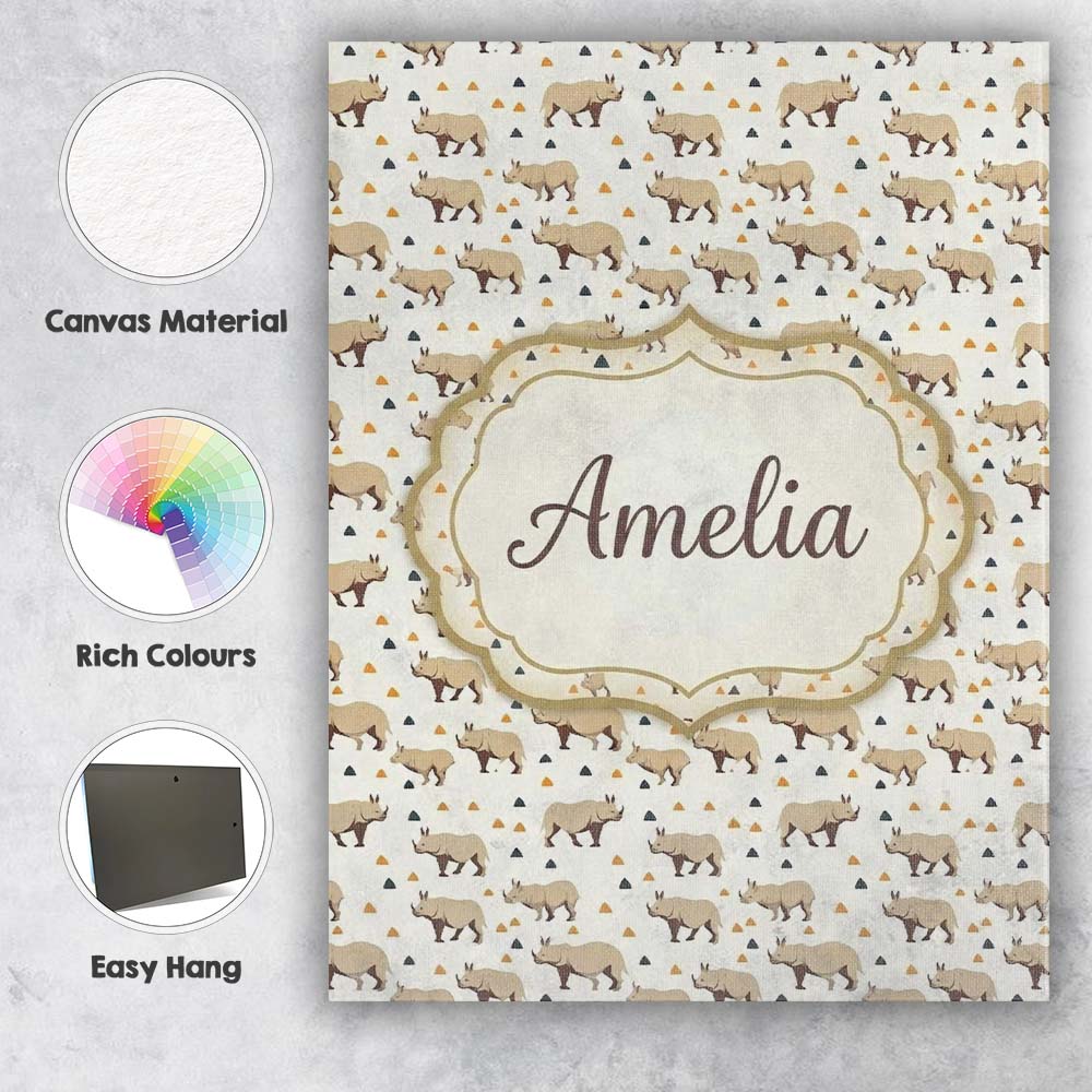 Personalised Name Simple Beige Rhino with Custom Unique Gift Idea Elegant Feature Canvas Wall Art Print Decor Picture Ready to Hang