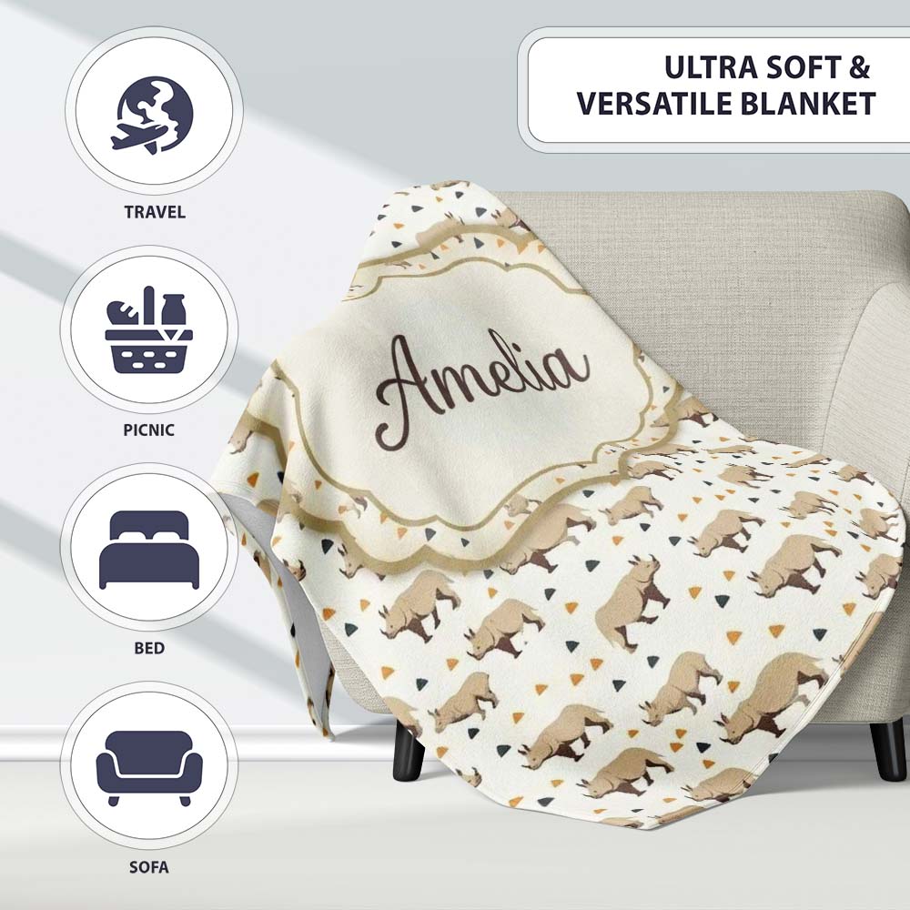Simple Beige Rhino with Geometric Shapes Seamless Pattern Custom Personalised Custom Name Super Soft Fleece Blanket Bed Sofa Throw