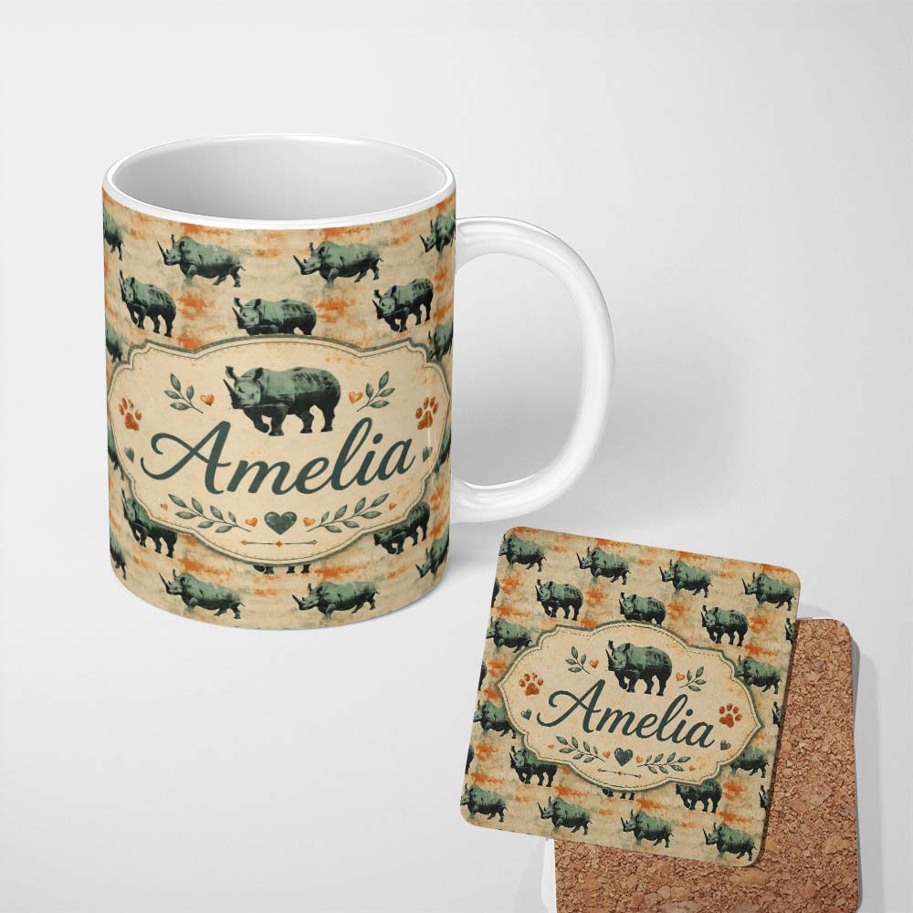 Personalized Custom Name Vintage Style Rhino Illustration with Grunge Texture Seamless 11oz Ceramic Coffee Tea Mug White Large Handle