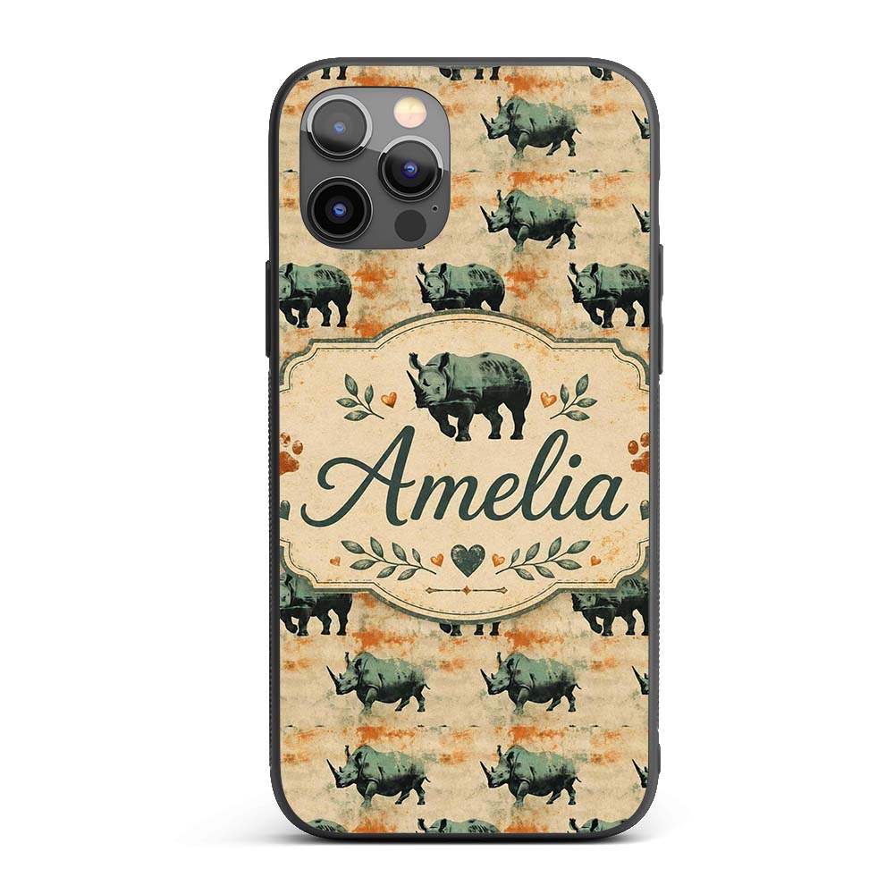 Vintage Style Rhino Illustration with Grunge Custom Name Protective Phone Case Mobile Cover Durable Everyday Smartphone Shock Resistant